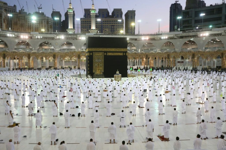 Socially-distanced worshippers in the Grand mosque complex in the Saudi city of Mecca on Tuesday