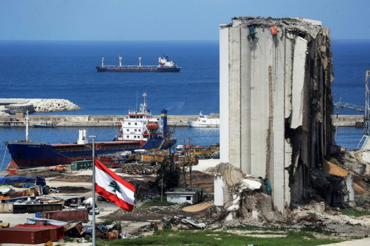 The damaged grain silos at the port of the Lebanese capital Beirut, still reeling from last August's mega-blast