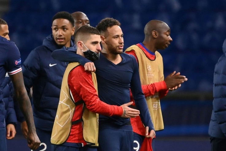Paris Saint-Germain duo Marco Verratti and Neymar celebrate after beating holders Bayern Munich to reach the Champions League semi-finals