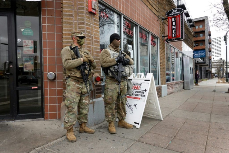 National Guard troops on a street corner near downtown Minneapolis