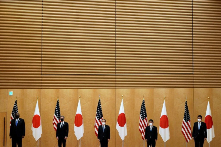US Secretary of State Antony Blinken and Defense Secretary Lloyd Austin pose with Japan's Prime Minister Yoshihide Suga, Foreign Minister Toshimitsu Motegi and Defense Minister Nobuo Kishi in March 2021 as the new US administration focuses on allies
