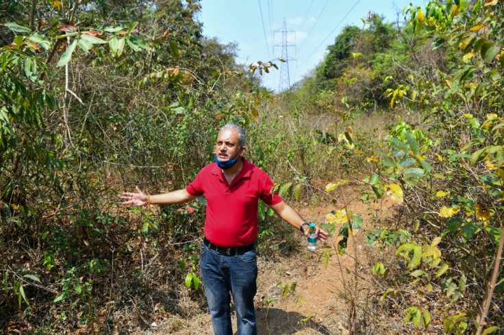 Activist Julio Aguiar gestures on a stretch of land beneath power transmission lines cutting through the Mollem National Park