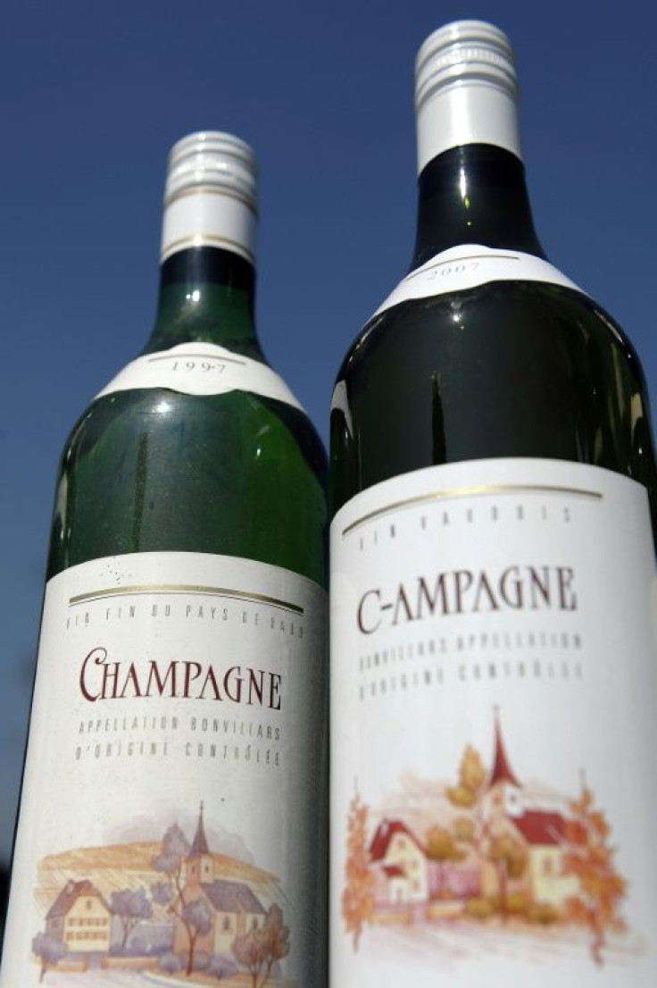 Bottles of wine from the Swiss village marked C-hampagne, because the town is not allowed to use its name on its wine
