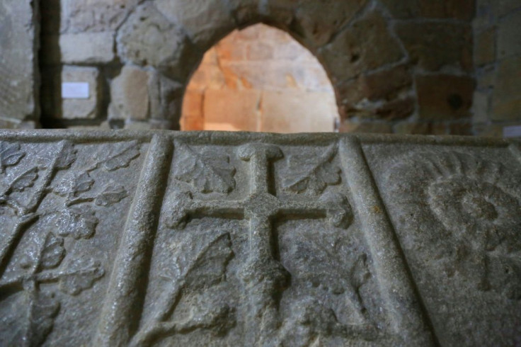 The cross of the Knights Templar engraved on the 14th century sarcophagus of Adam de Antiochia, Marshal of Cyprus on the site of a chapel at Limassol Castle