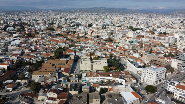 An aerial view of Limassol Castle, visible as the stone building just below the centre of this picture