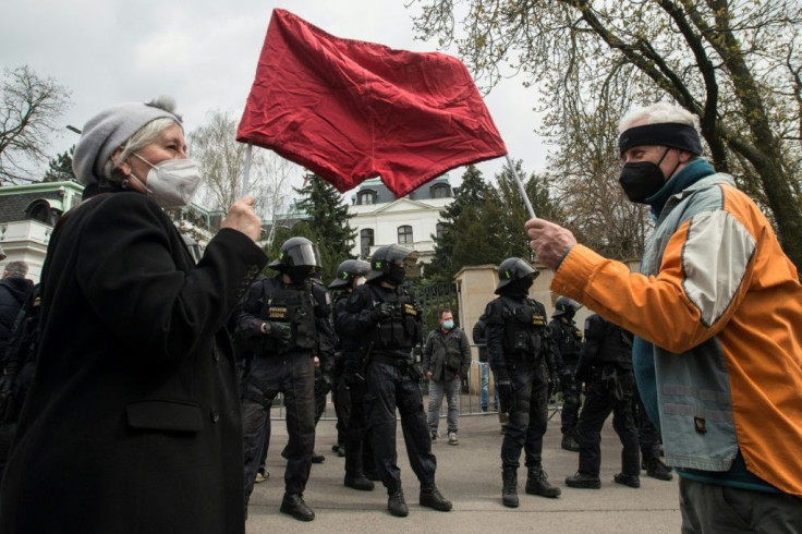 Outside the Russian embassy in Peague protesters sported banners saying "We're not Russia's backyard" and chanted "Shame"