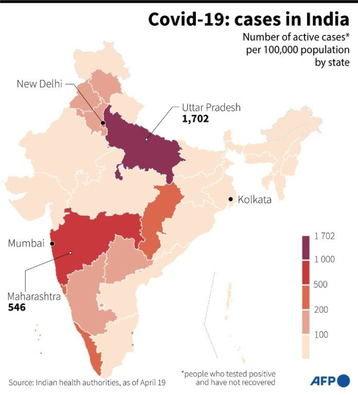 Map showing the number of Covid-19 active cases per 100,000 population by state in India, based on data from health authorities on April 19, 2021