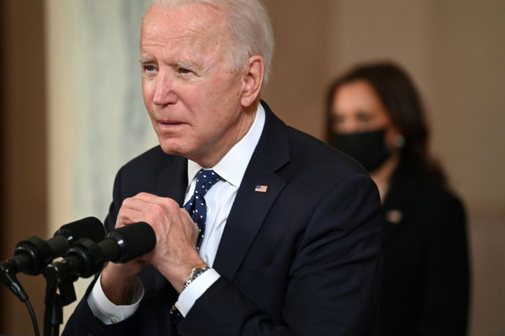 US President Joe Biden gestures as he delivers remarks on the guilty verdict against former policeman Derek Chauvin at the White House in Washington, DC