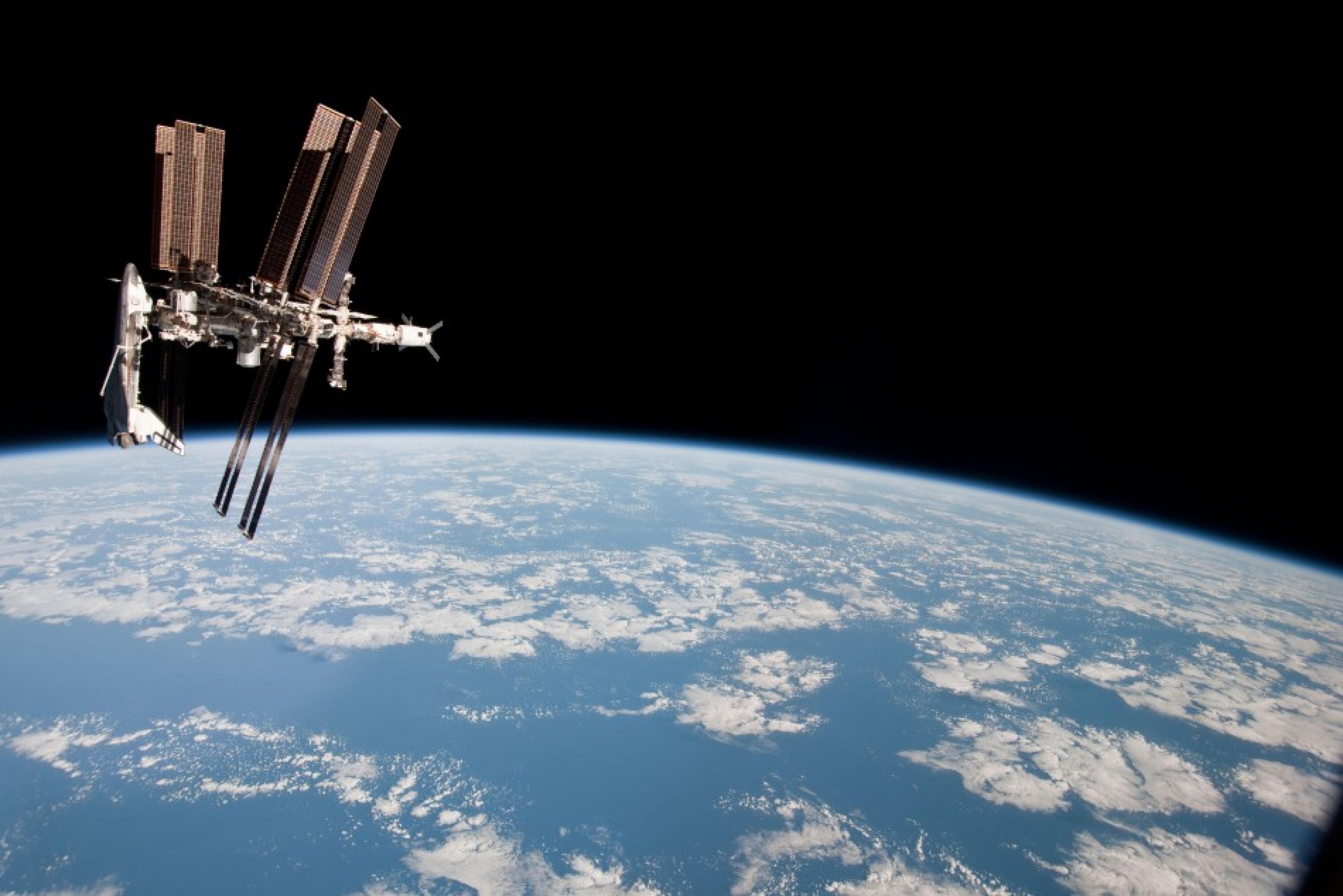 The Space Shuttle Endeavour docked at the International Space Station.