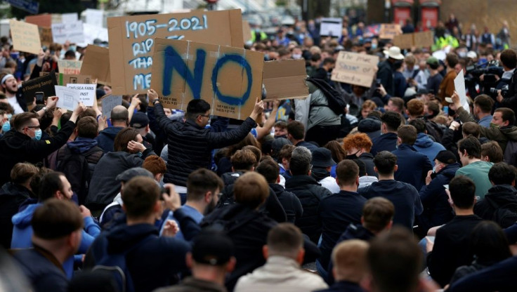 Chelsea supporters demonstrated outside the club's Stamford Bridge stadium