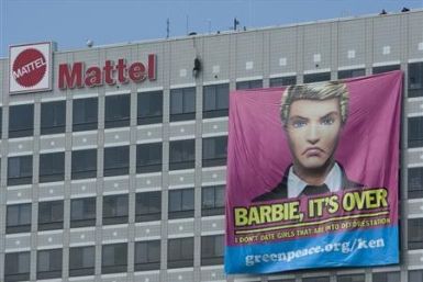 A banner hangs from the Mattel headquarters in El Segundo, California