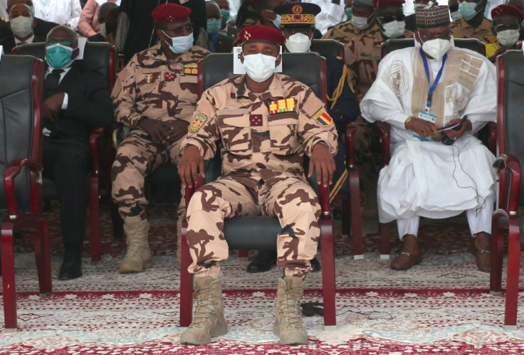 New leader: The son of the late Chadian president Idriss Deby, General Mahamat Idriss Deby, centre, in the front row at Friday's state funeral