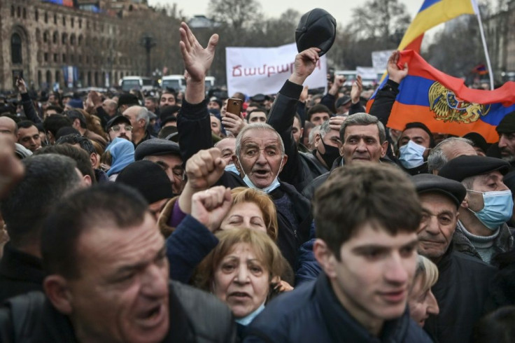 Opposition supporters demanded Pashinyan's resignation over his handling of last year's war with Azerbaijan
