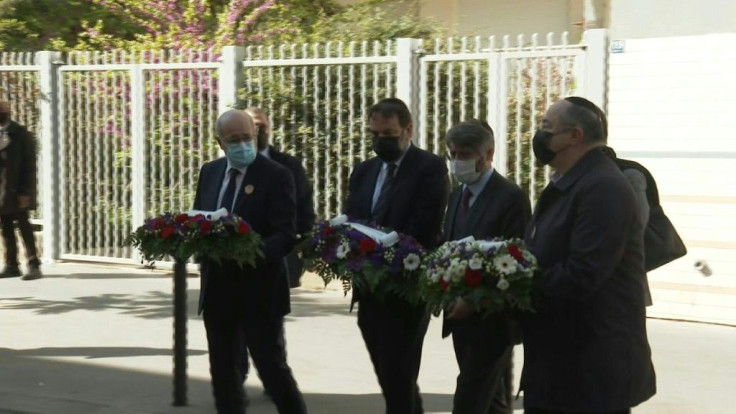 IMAGES Representatives of France's Jewish community lay wreaths in memory of Sarah Halimi who was killed in her Paris apartment in 2017. Several "rallies of anger" are due to take place in the capital and other cities in France to challenge the lack of tr