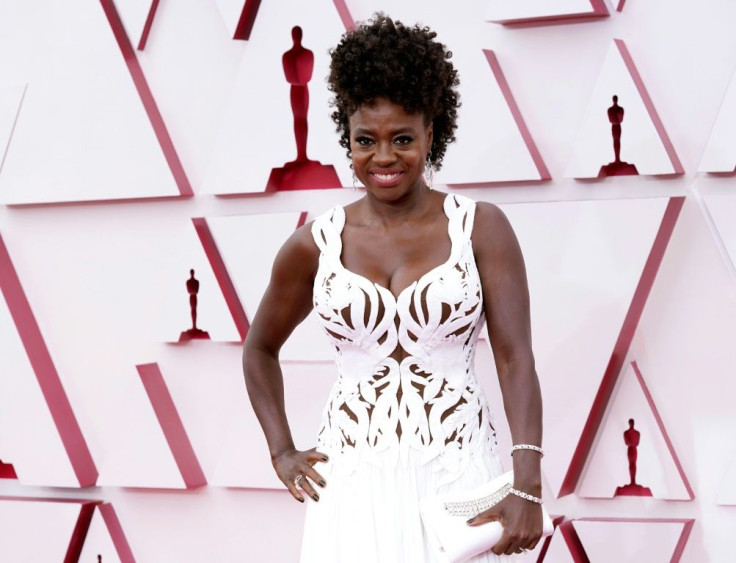 US actress Viola Davis in a white Alexander McQueen gown with cutouts