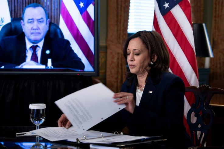US Vice President Kamala Harris and others join Guatemala's President Alejandro Giammattei for a virtual meeting about the migration crisis in the Eisenhower Executive Office Building on the White House campus April 26, 2021, in Washington, DC