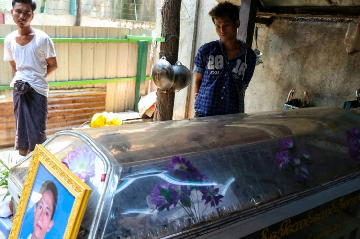 The coffin of a teashop owner shot dead during protests in Mandalay