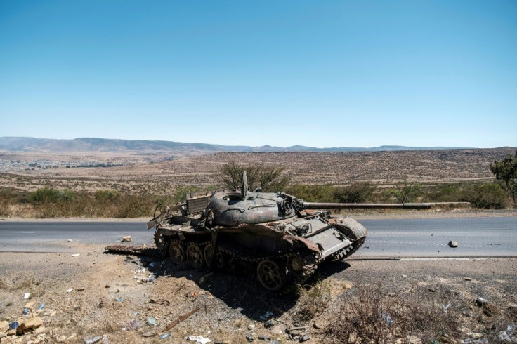 A damaged tank on a roadside north of Mekele, the capital of Tigray on February 26