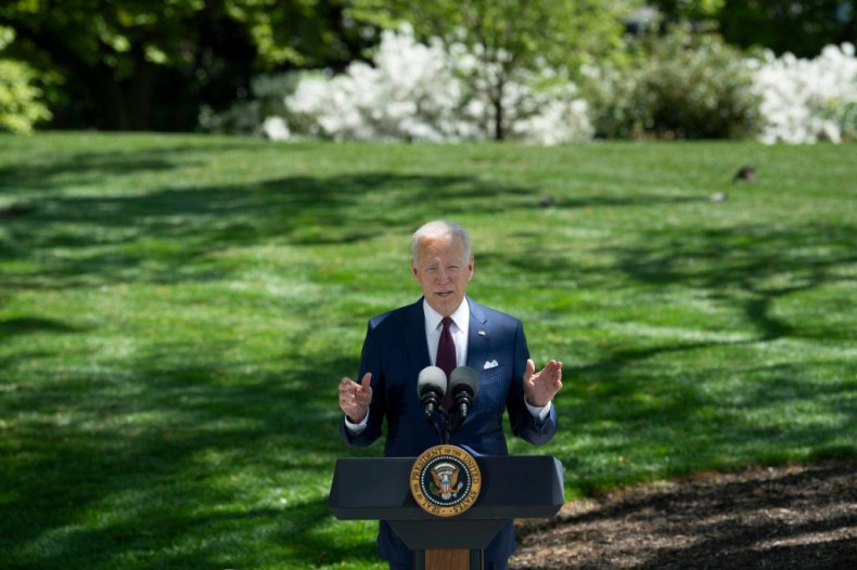 US President Joe Biden speaks about updated CDC guidance on masks for people who are fully vaccinated during an event in front of the White House April 27, 2021, in Washington, DC.