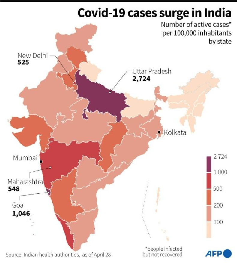 A map showing the number of active cases per 100,000 inhabitants per India state