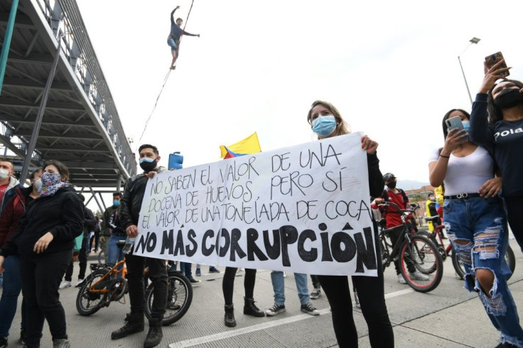 Protesters take to the streets of Bogota to denounce proposed tax reforms on April 28, 2021