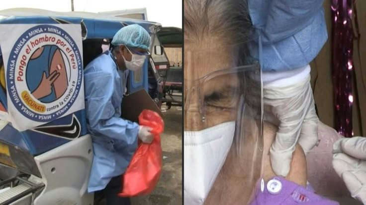 Health care workers use popular 'mototaxis' to immunise elderly and immobile people in homes dotted across the hills surrounding Lima, which are full of narrow, steep roads, as Peru moves ahead with its Covid-19 vaccination campaign.