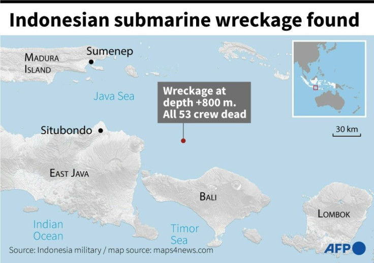 Map locating the missing Indonesian submarine, whose wreckage was found Sunday, with all 53 crew confirmed dead.