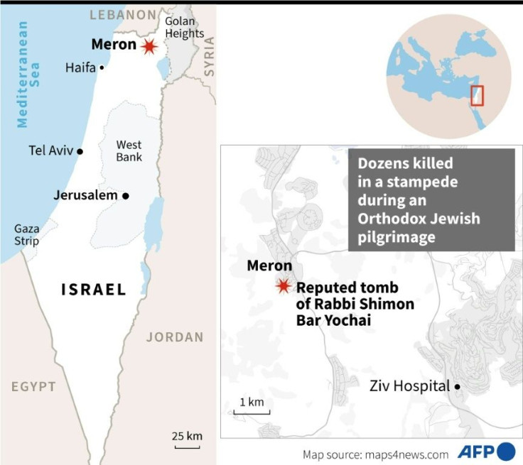 Maps of Israel locating Meron, site of a deadly stampede at a Jewish pilgrimage.