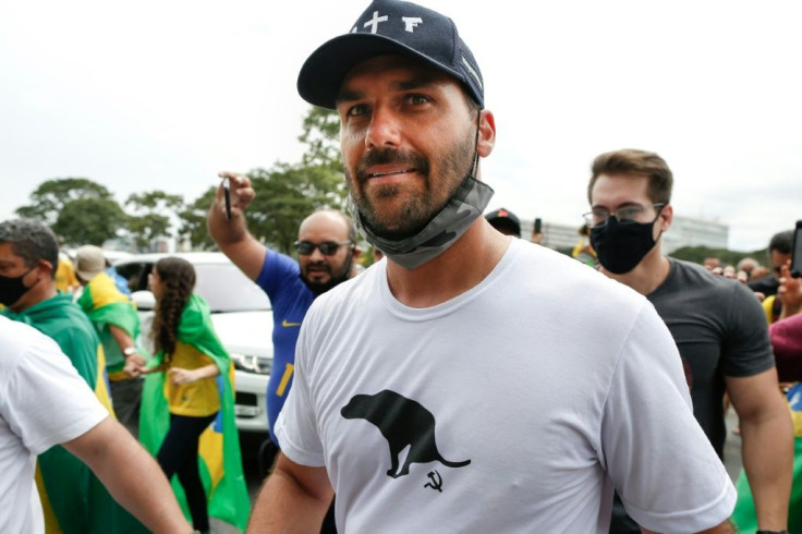 Eduardo Bolsonaro, son of President Jair Bolsonaro, takes part in a demonstration in support of the Brazilian leader in Brasilia on May 1, 2021