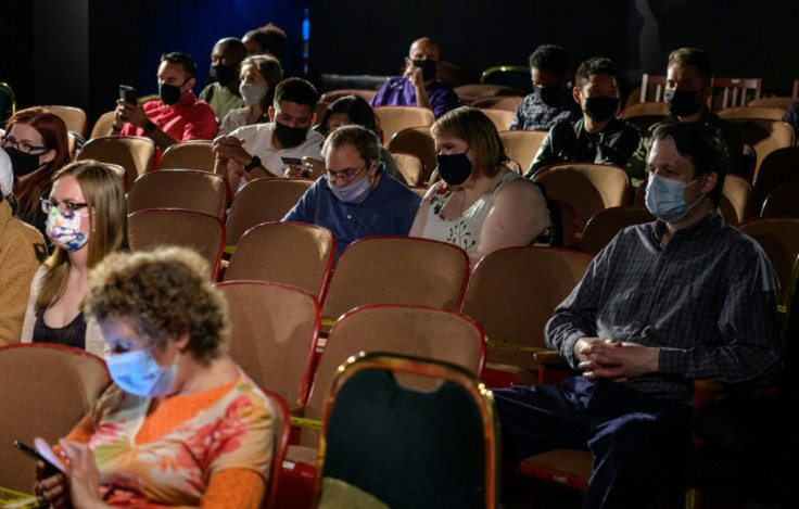 The audience watching the reopening of "Perfect Crime" at Theater Center in New York, April 27