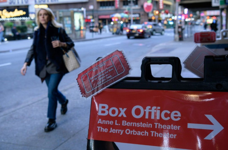 A person walks past a box office sign outside New York's longest running play 'Perfect Crime' on April 27, 2021