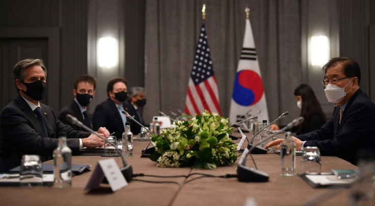US Secretary of State Antony Blinken speaks with South Korea's Foreign Minister Chung Eui-yong during a meeting in London