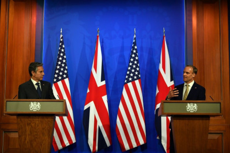 US Secretary of State Antony Blinken attends a press conference with Britain's Foreign Secretary Dominic Raab as they open Group of Seven talks in London