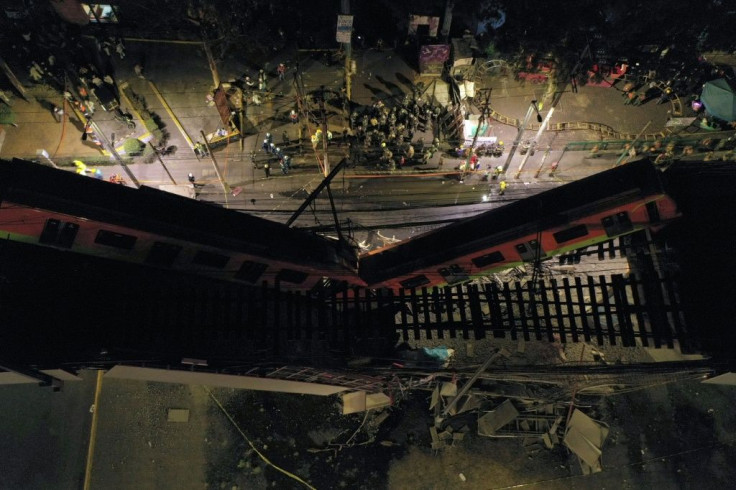 An aerial view shows rescue workers at the site of the Mexico City metro accident