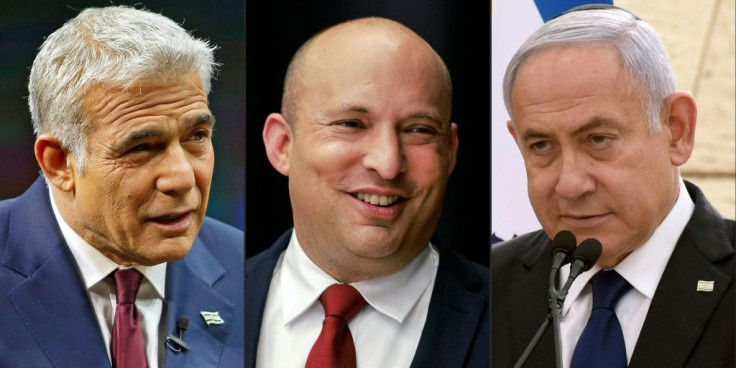 (L to R) Yair Lapid of the Yesh Atid party; Naftali Bennett of the Yamina (Right) party; and Israeli Prime Minister Benjamin Netanyahu