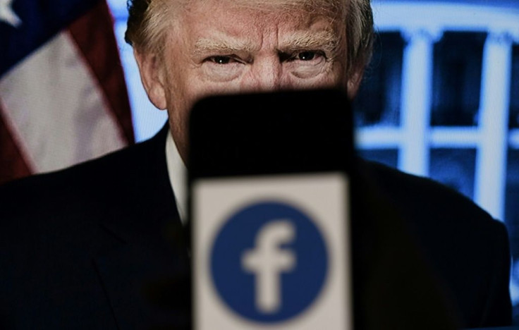 In this photo illustration, a phone screen displays a Facebook logo with the official portrait of former US President Donald Trump on the background