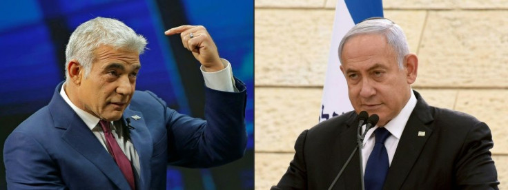 This combination of pictures created on May 5, 2021 shows (L to R) Yair Lapid of the Yesh Atid (There Is a Future) party, and Israeli Prime Minister Benjamin Netanyahu