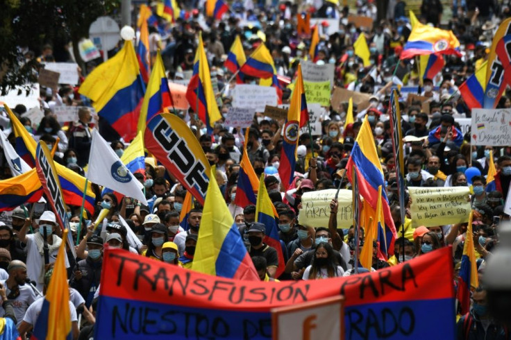 People demonstrate against President Ivan Duque's government in Bogota, on May 5, 2021