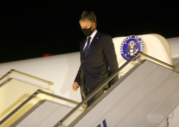 US Secretary of State Antony Blinken disembarks at Boryspil International airport outside Kiev, Ukraine, at the start of a one-day trip