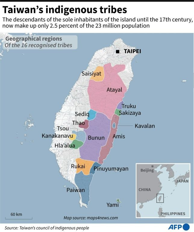 Graphic on the geographical regions of Taiwan's 16 recognised indigenous tribes