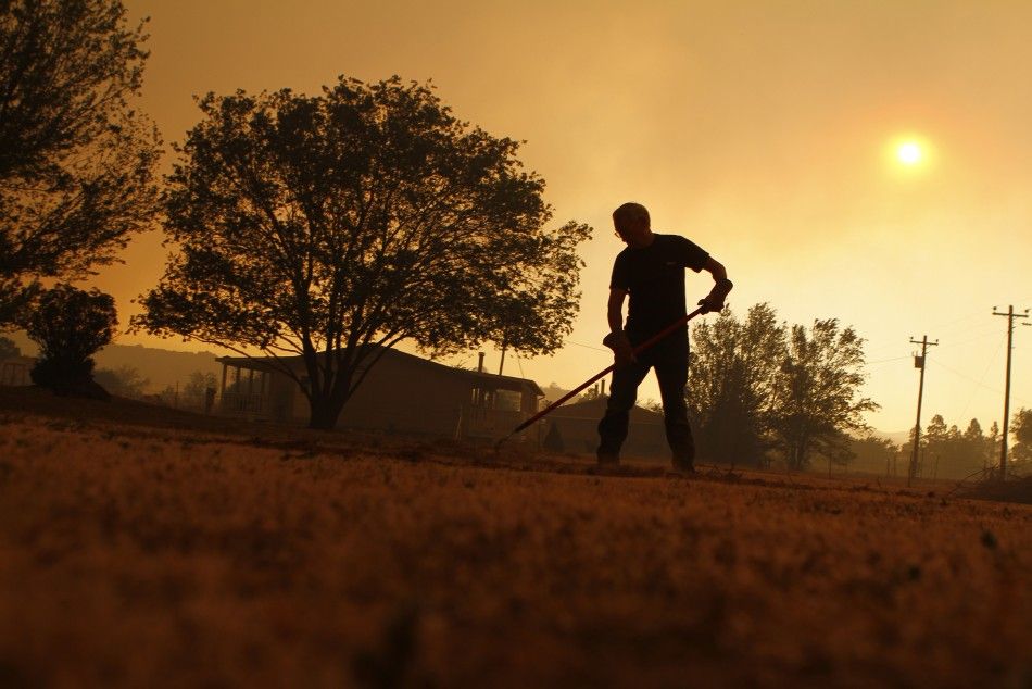 Wayne Lutz rakes dead grass as he tries to protect his house from the Wallow Wildfire in Eagar, Arizona