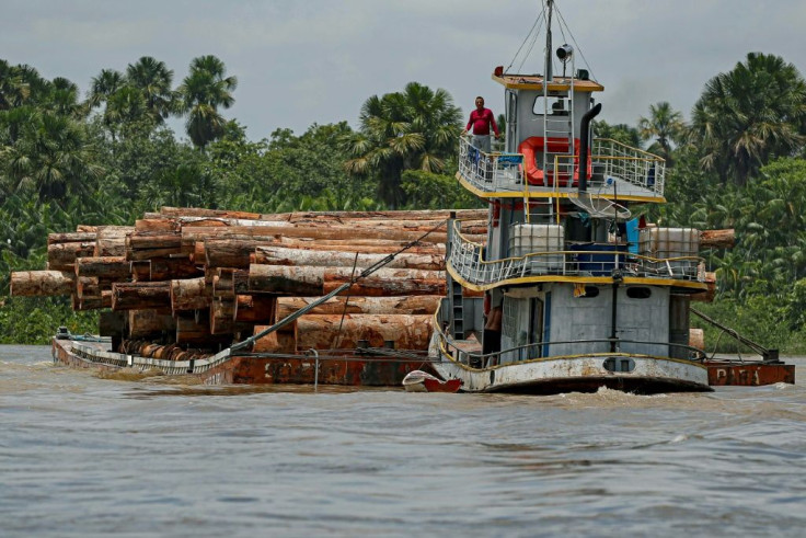 A riverboat in the Brazilian Amazon transports logs on September 18, 2020