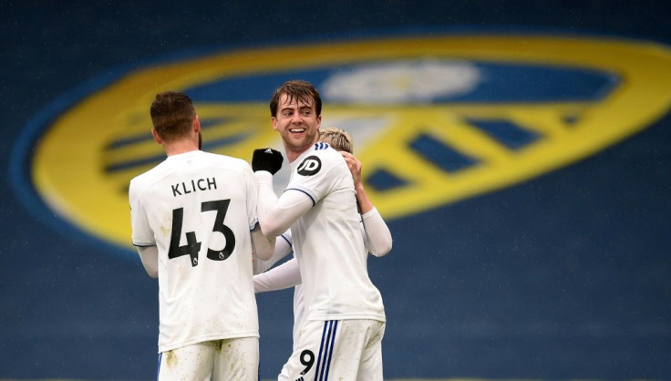 Leeds forward Patrick Bamford (centre) celebrates his goal against Tottenham