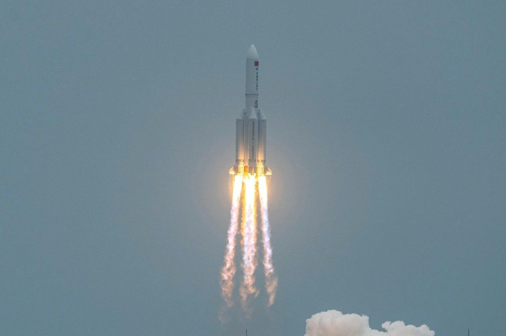 A large segment of China's Long March-5B rocket, pictured here during launch on April 29, 2021, has disintegrated over the Indian Ocean