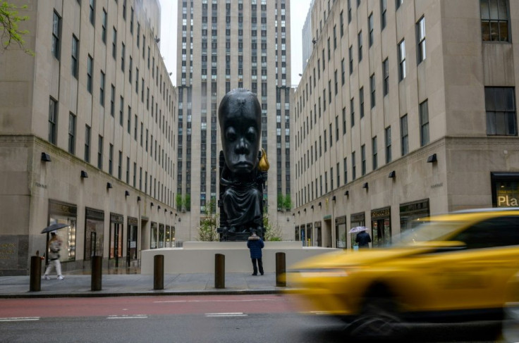 Sanford Biggers' "Oracle" statue outside the Rockefeller Center in New York