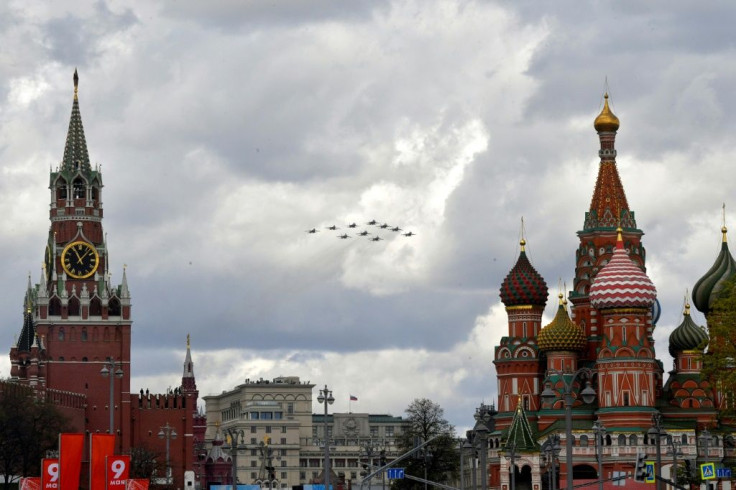 Russian Sukhoi jet fighters fly over the Kremlin and Red Square during rehearsals for the Victory Day military parade as Moscow prepares to exit the Open Skies Treaty trashed by former US president Donald Trump