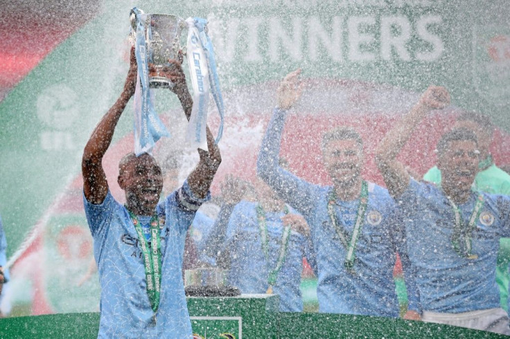Manchester City captain Fernandinho lifts the League Cup a little over two weeks ago. Now he and Manchester City are targeting a treble in the Champions League final