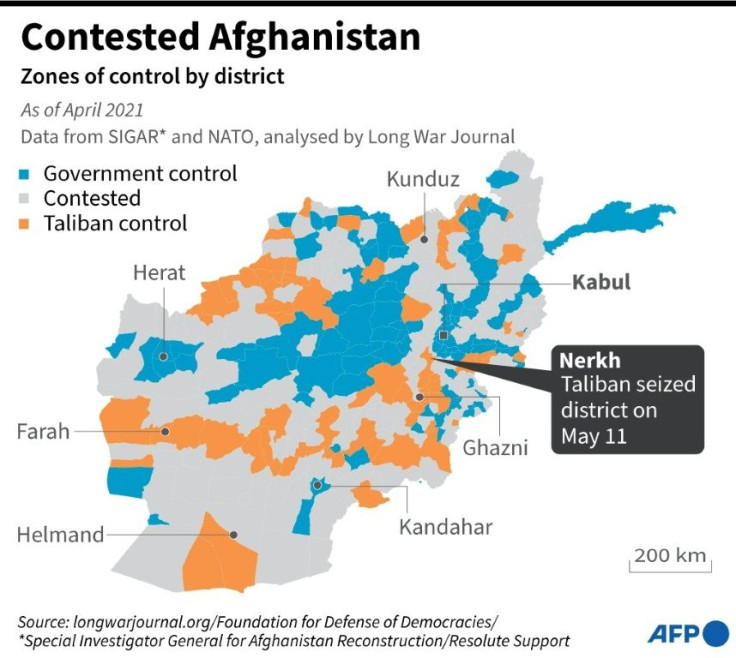 Map showing parts of Afghanistan currently under government control and territories under the influence of the Taliban, including Nerkh, seized by the insurgents on May 11