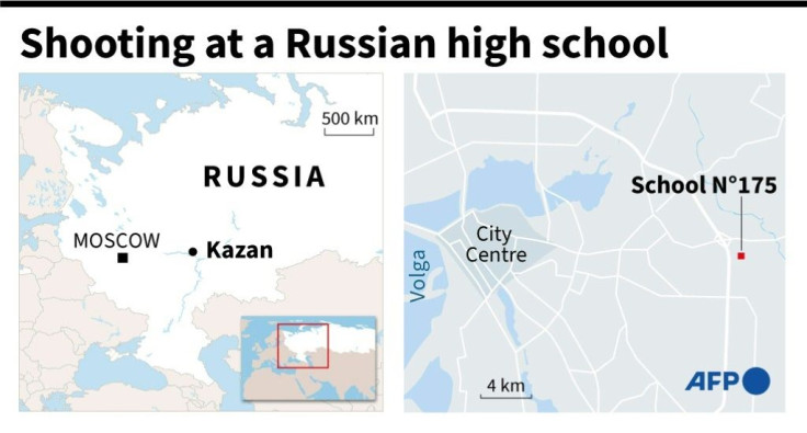 Map locating Kazan in Russia, and School NÂ°175 where the deadly shooting took place