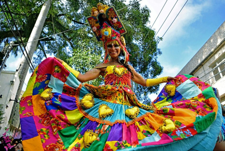 Raquel Poti is one of the legions of Brazilian "pernaltas," or stilt-walkers, who loom like colorful giants over the festivities at Rio's famed carnival